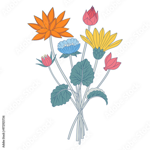 Bright bouquet of wildflowers. Bunch of meadow flowers with nymphaea and cyclamen, wild plants, herbs. Botanical hand-drawn elements for design projects. Vector illustration