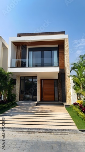 Modern Two Story House Exterior Design With Stone Walls And Wooden Accents