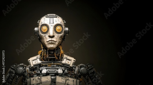 Detailed mechanical robot featuring glowing eyes against dark backdrop. Image represents technology, innovation, and artificial intelligence concepts.