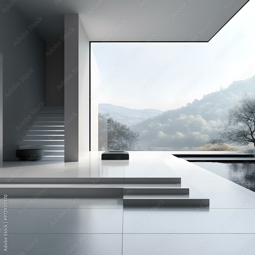 Fototapeta premium Modern Minimalist Interior Design with Mountain View and Pool