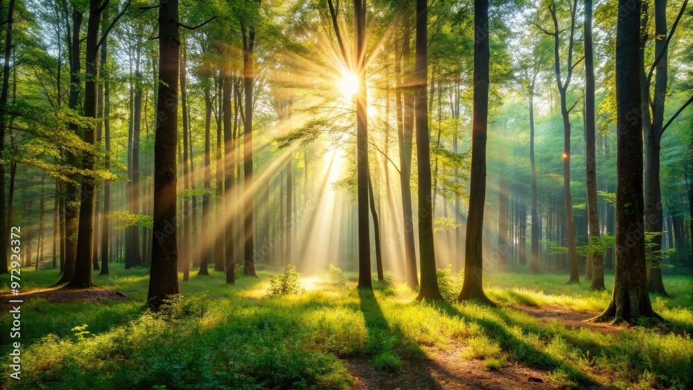 Fototapeta premium A blurred background of a peaceful forest scene with sunlight streaming through the trees, nature, serene, tranquil, forest