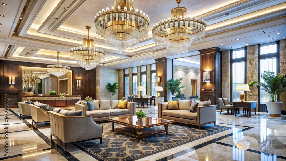 Fototapeta premium Luxurious hotel lobby with elegant chandeliers, plush seating, and marble floors, luxury, hotel