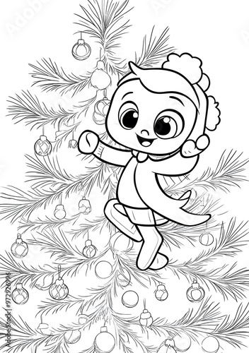 Cute Cartoon Girl with Christmas Tree