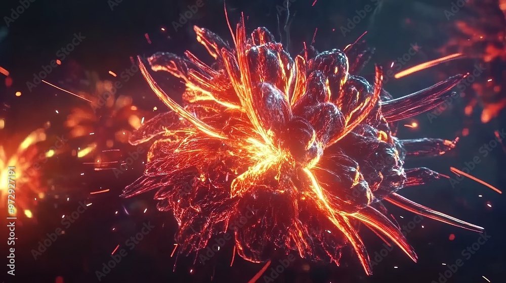 Vivid explosion of bright orange and red particles in a dark setting creating a captivating abstract design Vivid explosion of bright orange and red particles in a dark setting creating a captivating abstract design