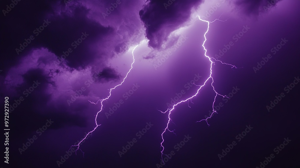 A dramatic display of purple lightning flashes through dark storm clouds at night A dramatic display of purple lightning flashes through dark storm clouds at night