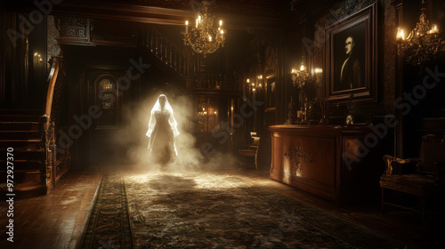 A hauntingly beautiful Victorian ghost floating through an elegant parlor, her form fading in and out of the gaslight