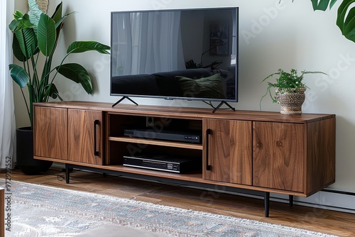 Mid-century modern walnut entertainment console with open doors and black legs, empty TV on top, light carpet in living room setting. photo