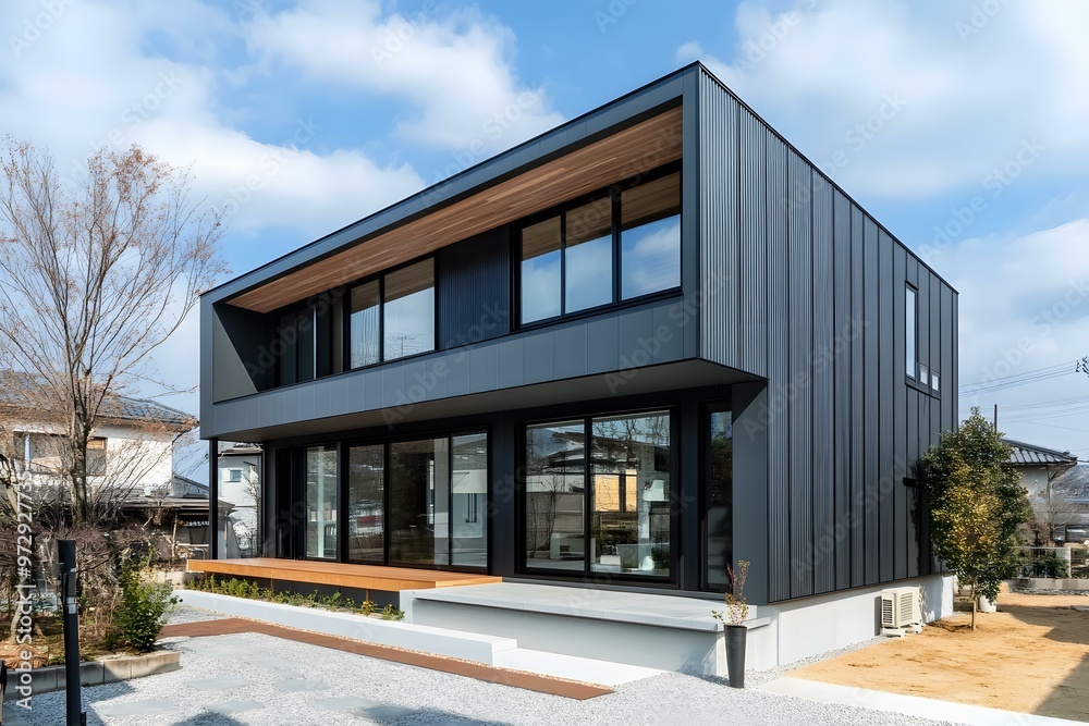 Modern Two Story House with Black Siding and Large Windows Modern Two Story House with Black Siding and Large Windows