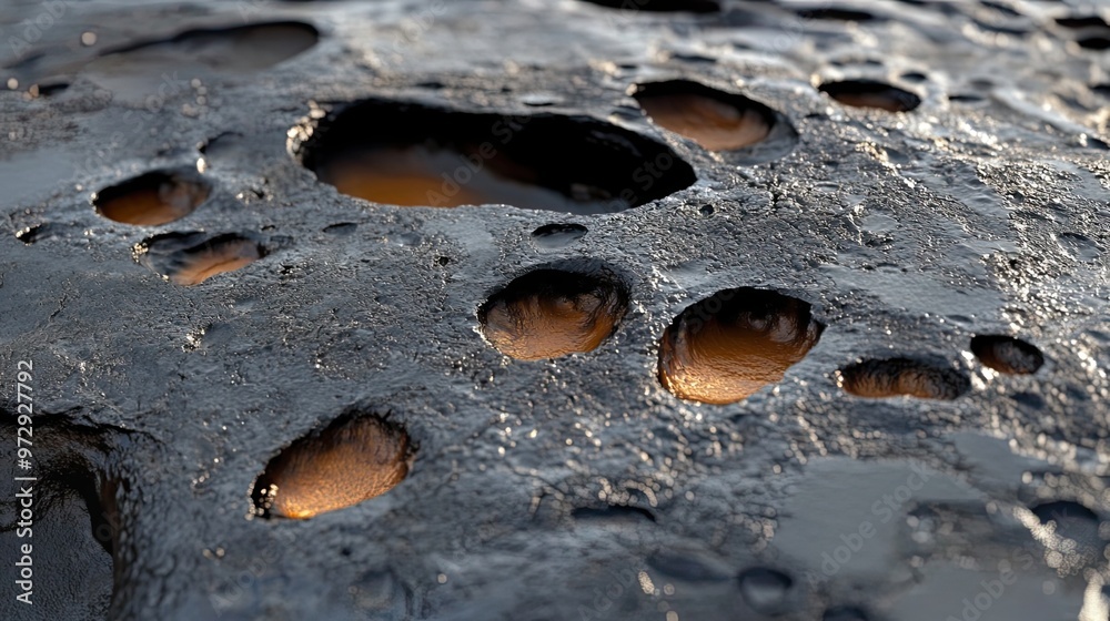 Close-up of a Dark Surface with Circular Depressions Filled with a Glowing Orange Substance Close-up of a Dark Surface with Circular Depressions Filled with a Glowing Orange Substance