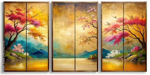 Abstract painting with Japanese nihonga textures in triptych format, acrylic, textures, Japanese, abstract, painting photo