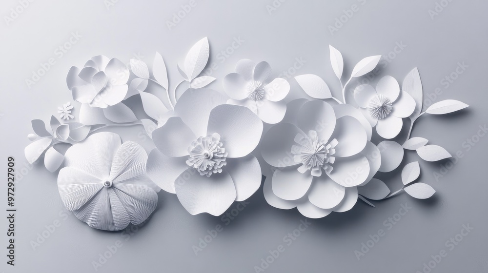 Origami Flowers on Grey Background: White paper-cut flowers arranged in a blossoming composition on a light grey background, perfect for spring-themed abstract art and design. Origami Flowers on Grey Background: White paper-cut flowers arranged in a blossoming composition on a light grey background, perfect for spring-themed abstract art and design.