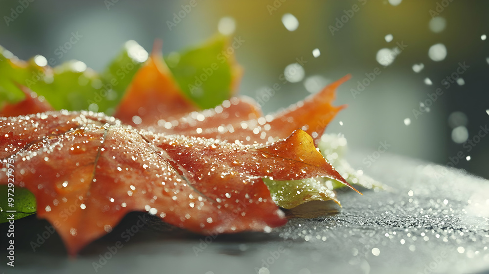 Autumn Leaves Covered in Dew Drops with Raindrops Falling on Them Autumn Leaves Covered in Dew Drops with Raindrops Falling on Them