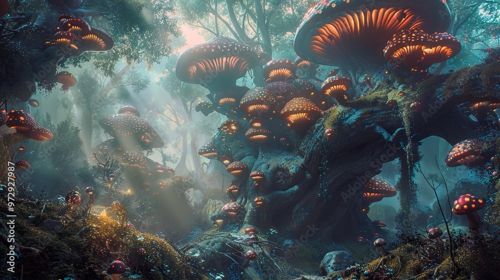 A mystical forest with glowing mushrooms and a magical, ethereal ambiance. A mystical forest with glowing mushrooms and a magical, ethereal ambiance.