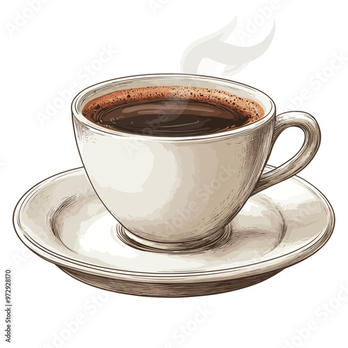 Cup of coffee on a saucer with steam. Vector illustration