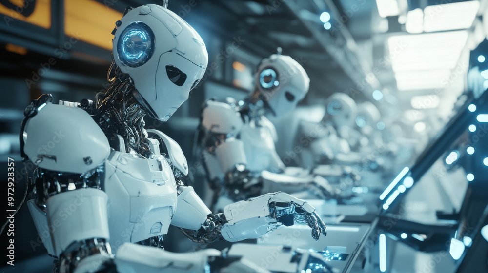 Industrial robots collaborating with human workers in a futuristic factory Industrial robots collaborating with human workers in a futuristic factory