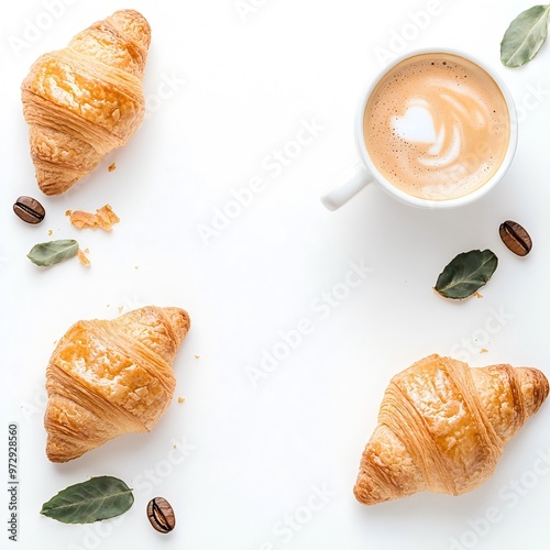  French Breakfast with Coffee and Croissant on Wooden Table