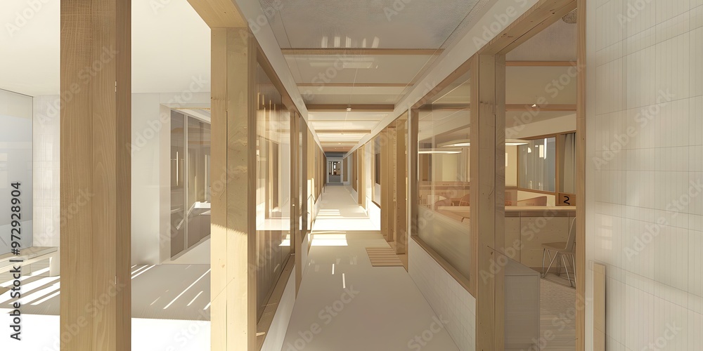 Modern Interior Design Wooden Corridor with Glass Walls Modern Interior Design Wooden Corridor with Glass Walls