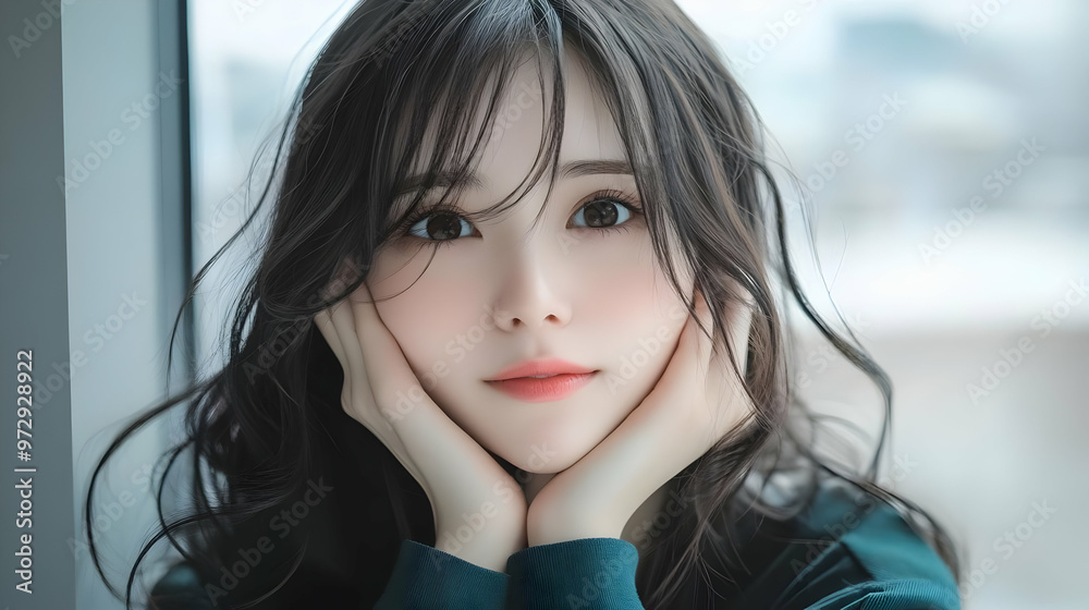 Close-up Portrait of a Young Woman with Long Black Hair, Resting Her Chin on Her Hands, Looking at the Camera with a Soft and Gentle Expression. Close-up Portrait of a Young Woman with Long Black Hair, Resting Her Chin on Her Hands, Looking at the Camera with a Soft and Gentle Expression.