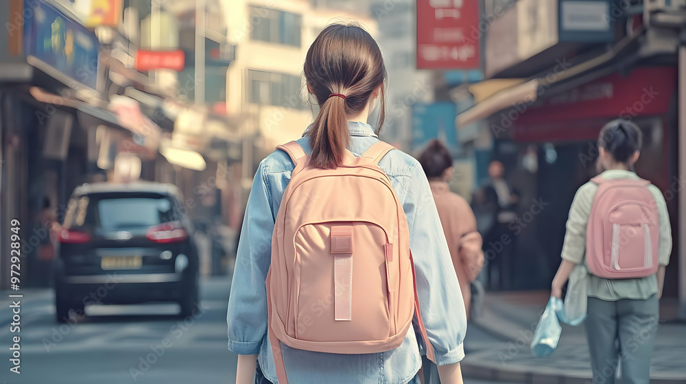 A Woman Walks Down a City Street Carrying a Pink Backpack in the Daylight A Woman Walks Down a City Street Carrying a Pink Backpack in the Daylight