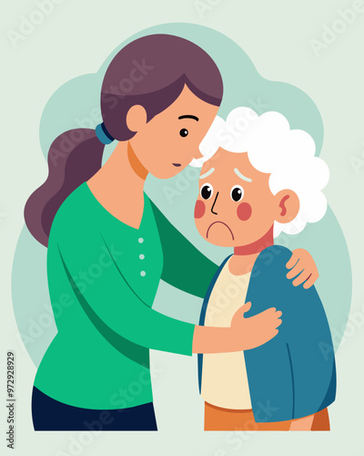 A retirement home staff member consoling an elderly resident tears falling down her face as she explains that they can no longer afford to provide certain services due to pension. Vector illustration