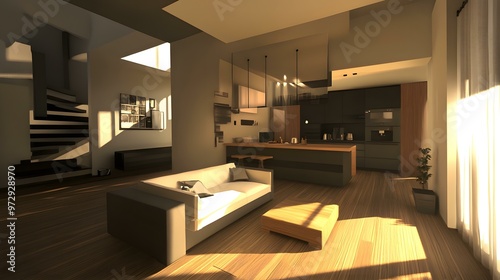 Modern Minimalist Open Plan Living Room Kitchen Interior Design With Spiral Staircase