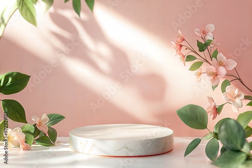 photo light marble stone podium stand for cosmetics and product display abstract pastel background with flowers and green leaves