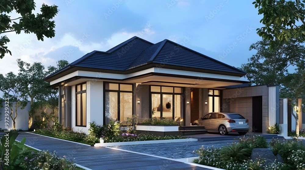 Modern House with a Blue Roof and a Car in the Driveway Modern House with a Blue Roof and a Car in the Driveway