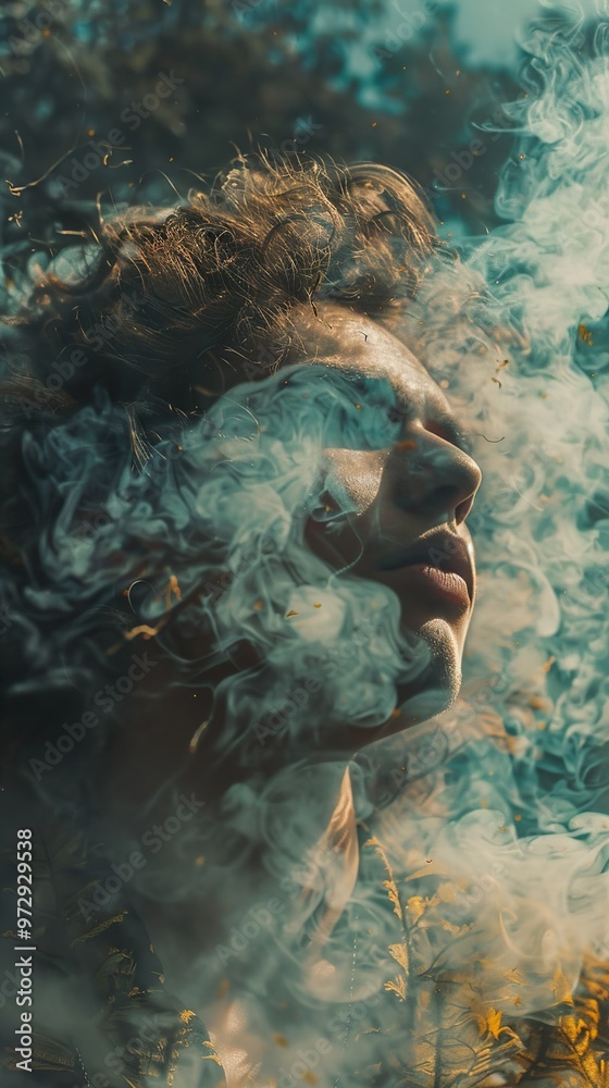 A young person's face partially obscured by smoke, looking upwards with a thoughtful expression. A young person's face partially obscured by smoke, looking upwards with a thoughtful expression.
