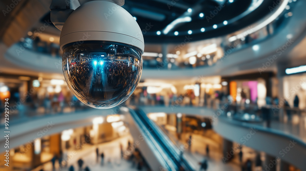 A CCTV camera installed in a large shopping mall, monitoring crowds of shoppers and various retail stores, with escalators in the background. A CCTV camera installed in a large shopping mall, monitoring crowds of shoppers and various retail stores, with escalators in the background.