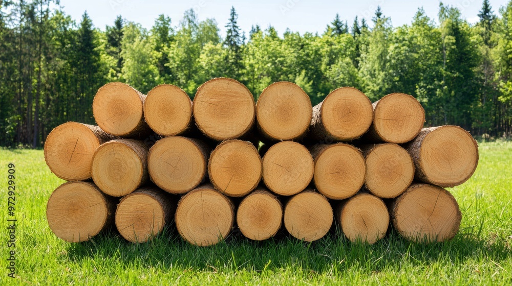 Stacked timber logs in a forest clearing Pile of freshly cut timber logs stacked in a grassy clearing, symbolizing logging, deforestation, and the environmental impact of forest harvesting Stacked timber logs in a forest clearing Pile of freshly cut timber logs stacked in a grassy clearing, symbolizing logging, deforestation, and the environmental impact of forest harvesting