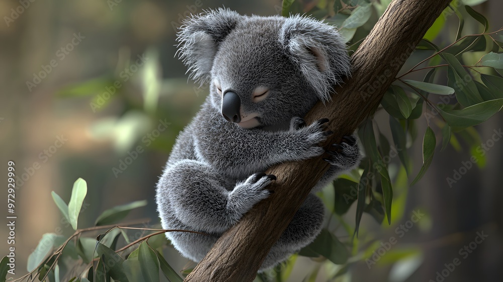 Fototapeta premium 8. **Cute 3D model of a sleepy baby koala clinging to a eucalyptus branch