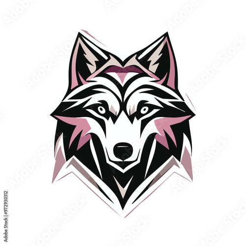 A black and white vector illustration presents a wild wolf head, suitable as a tribal tattoo or an animal mascot