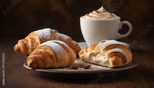 Fresh Croissant and Cup of Cappuccino with beautiful cream latte art