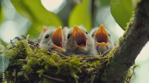 A close-up view of a nest filled with baby birds, mouths open for food, sitting safely in a tree branch covered in soft moss and green leaves. photo