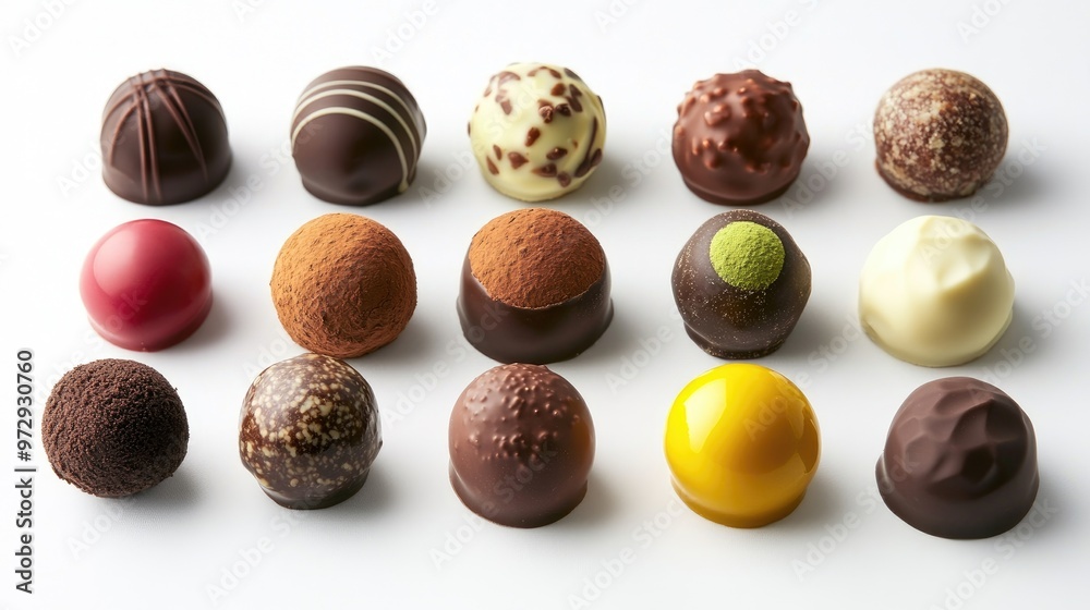 A collection of chocolate truffles and bonbons displayed on a white background, with their decorative coatings and fillings visible to emphasize their elegance. A collection of chocolate truffles and bonbons displayed on a white background, with their decorative coatings and fillings visible to emphasize their elegance.