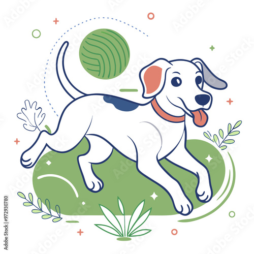 Playful dog running happily with a ball in a vibrant outdoor setting, copy space