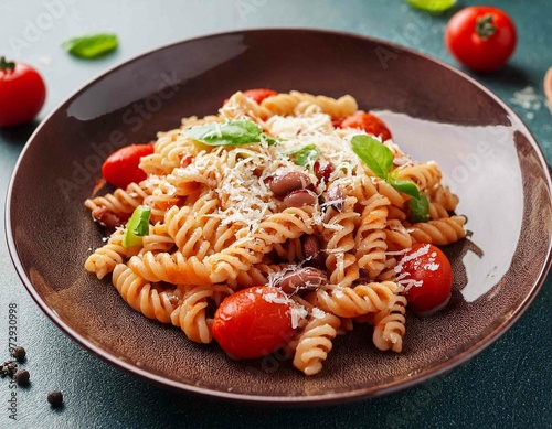 gomiti pasta with tomatoes, beans and parmesan photo