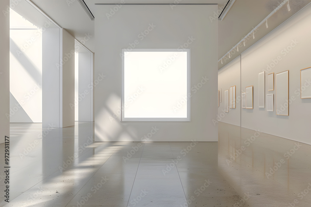 Modern empty gallery room interior with white mock up frame on illuminated light wall Mock up. Generative Ai. Modern empty gallery room interior with white mock up frame on illuminated light wall Mock up. Generative Ai.