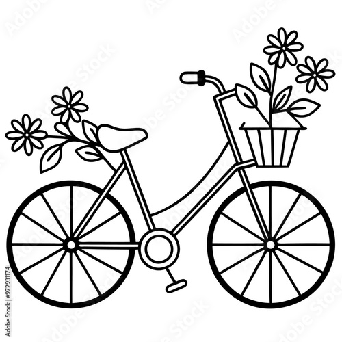 cycle with flowers outline coloring book page line art drawing