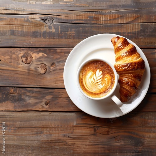 French Breakfast with Coffee and Croissant on Wooden Table