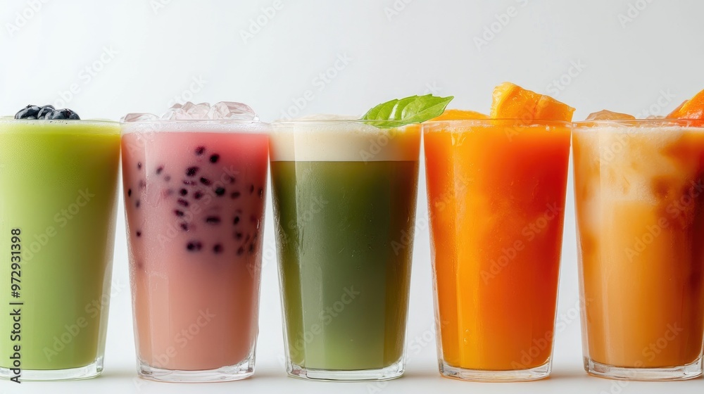 Fototapeta premium A collection of milk tea variations, including classic, matcha, and fruit-flavored options, displayed in clear glasses against a white background.