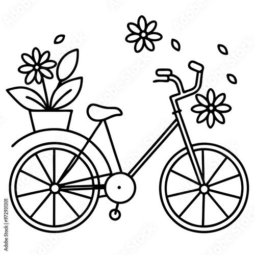 cycle with flowers outline coloring book page line art drawing photo