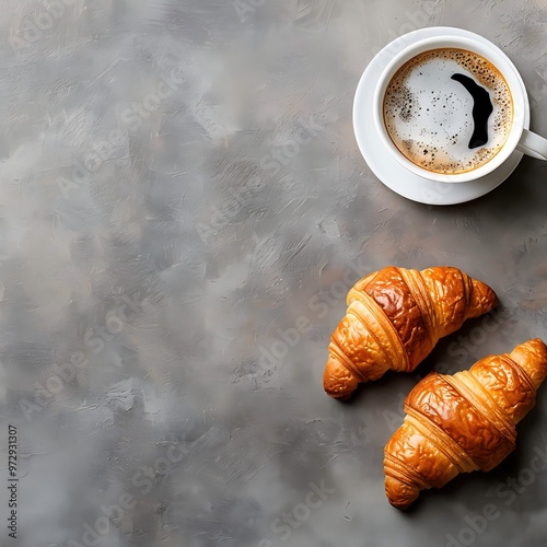  French Breakfast with Coffee and Croissant on Wooden Table