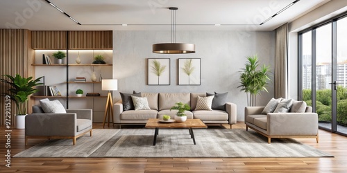 Modern living room with minimalist design and elegant furniture ,  rendering, interior design, comfortable, home decor