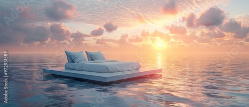 Luxury bed on a lake on a sunset with gradients on sky  photo