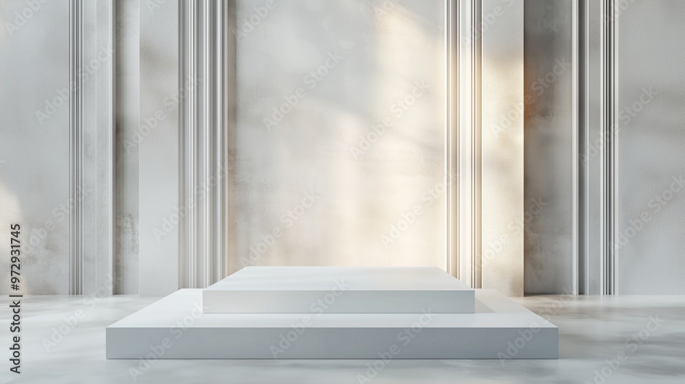 A white, minimalist product platform is placed against a backdrop of architectural walls with subtle, intricate textures. Soft lighting highlights the product, creating a serene, refined atmosphere.