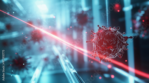 A futuristic lab scene showing a laser beam interacting with a cluster of cells, with glowing energy patterns representing the precision and effectiveness of the treatment. photo