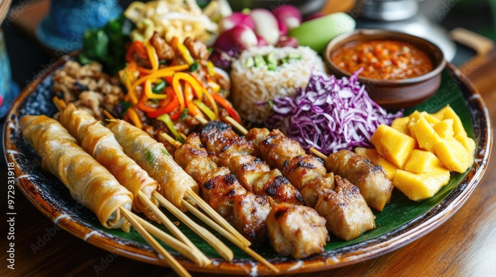 A colorful array of Thai street food including spring rolls, satay skewers, and mango sticky rice, presented on a traditional Thai-style plate A colorful array of Thai street food including spring rolls, satay skewers, and mango sticky rice, presented on a traditional Thai-style plate