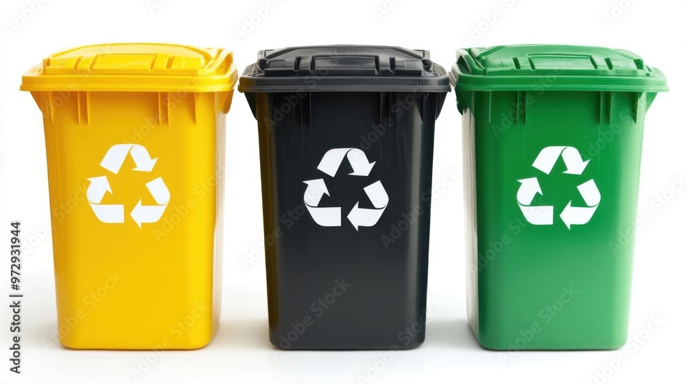 Collection of three recycling bins in different colors (black, green and yellow) isolated on a white background. Collection of three recycling bins in different colors (black, green and yellow) isolated on a white background.