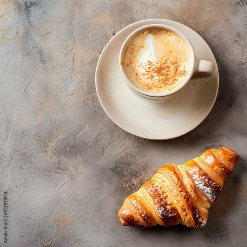  French Breakfast with Coffee and Croissant on Wooden Table